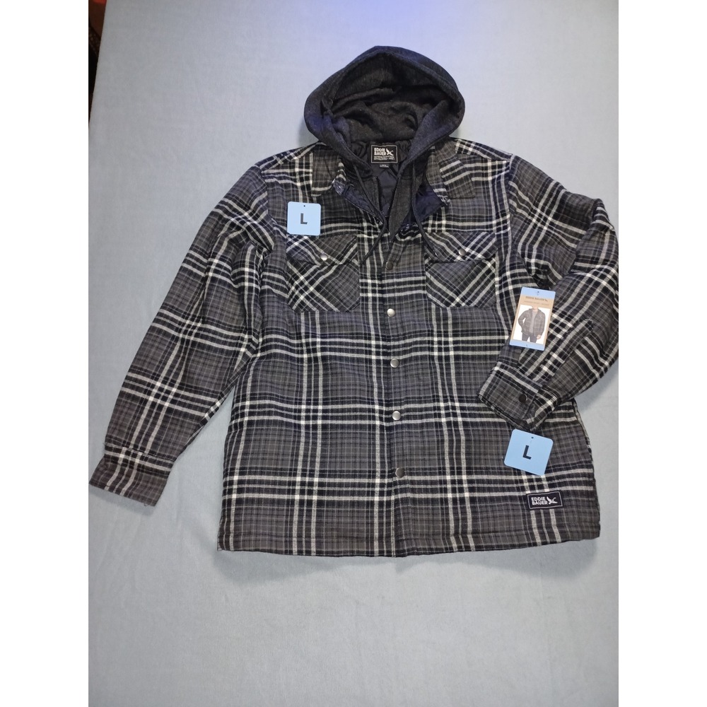 Eddie Bauer Mens Hooded‎ Shirt Jacket Black Plaid Quilted Lined EB009090 Large